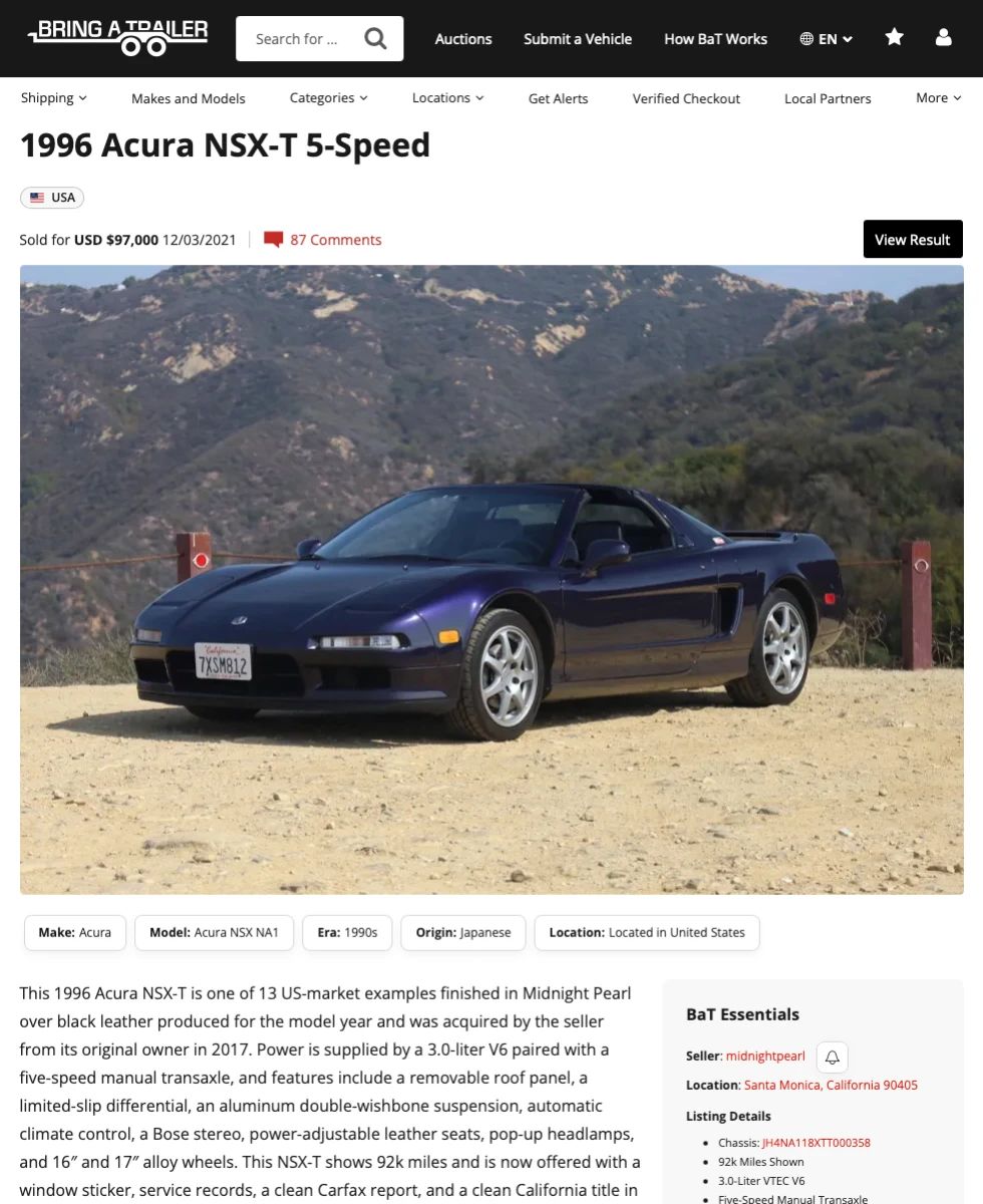 Bring a Trailer listing: 1996 Acura NSX-T 5-Speed