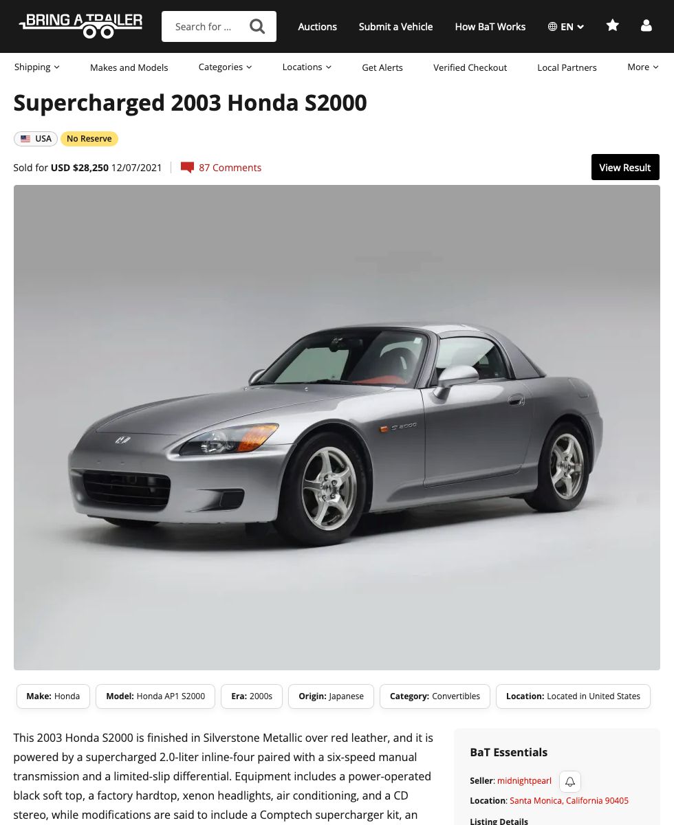 Bring a Trailer listing: Supercharged 2003 Honda S2000
