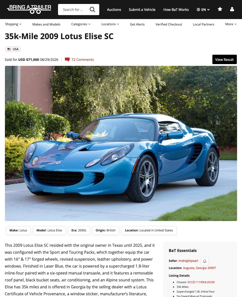 Bring a Trailer listing: 35k-Mile 2009 Lotus Elise SC